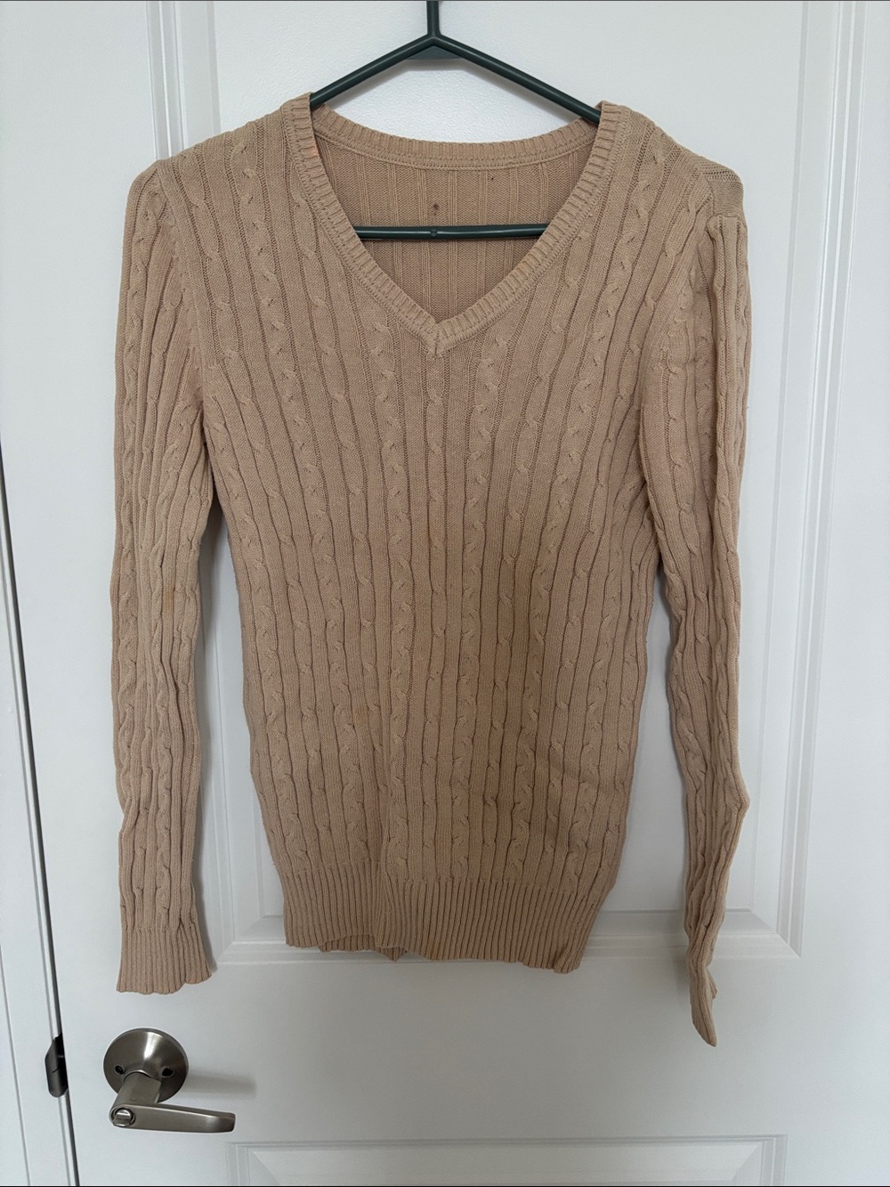 V-Neck Cable Knit Women's Sweater in Beige